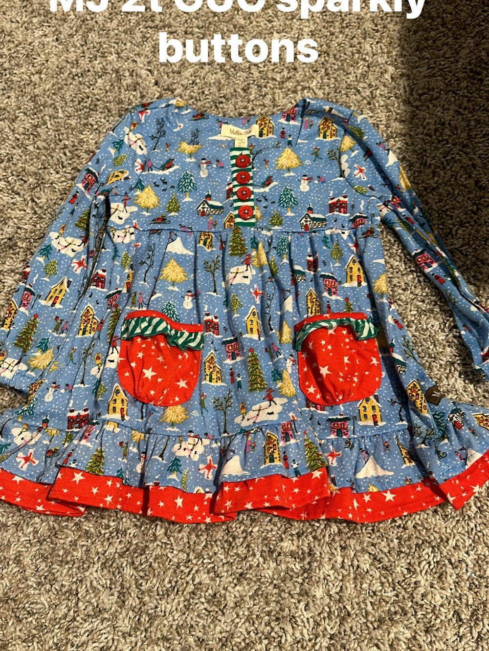 Matilda Jane Blue Holiday Print Dress with Red Accents